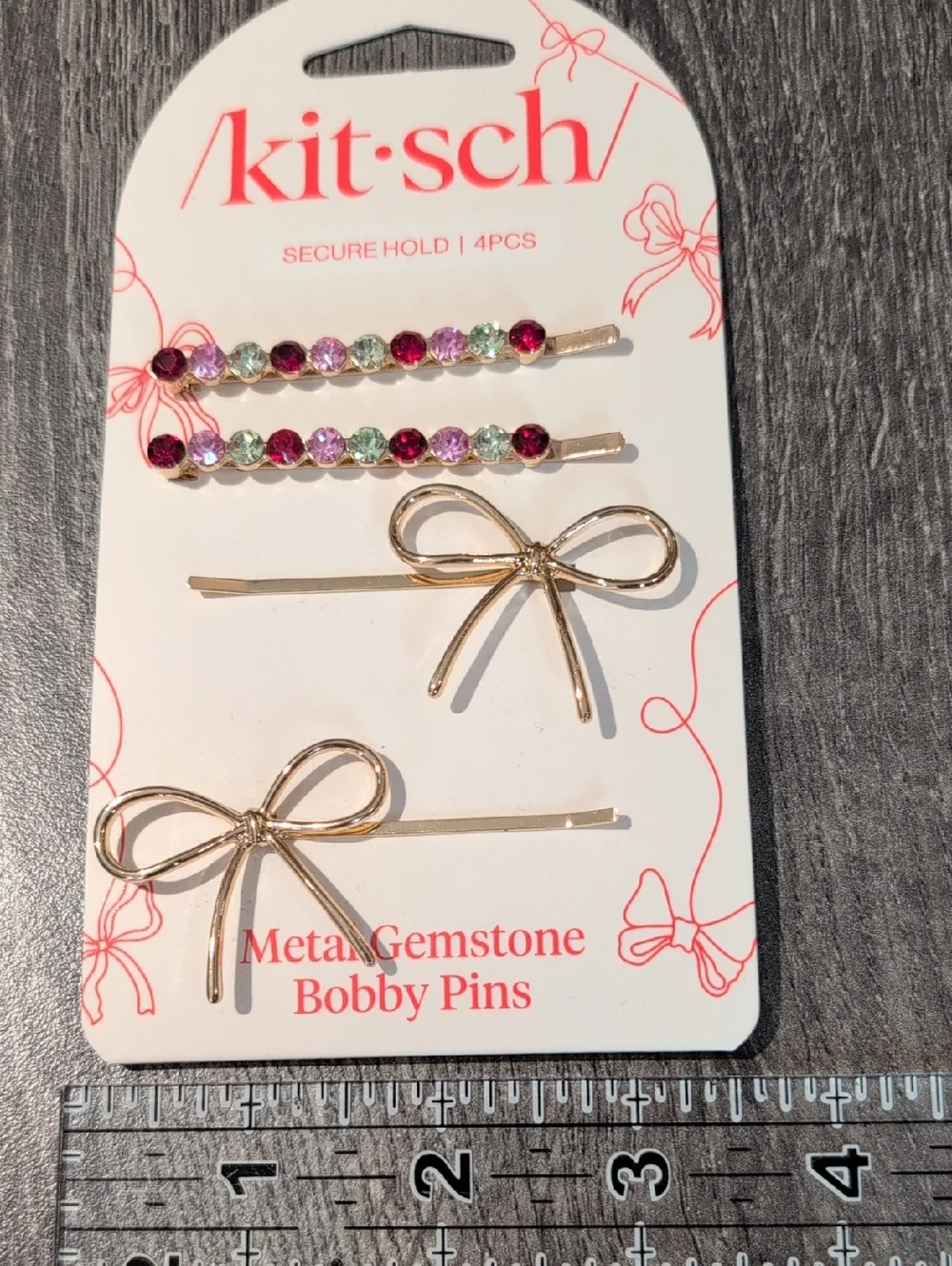 Kitsch Metal Gemstone Bow Bobby Pins Set of 4